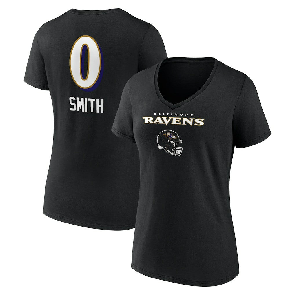 Roquan Smith Baltimore Ravens Women's Team Wordmark Player Name & Number V-Neck T-Shirt - Black T-shirts