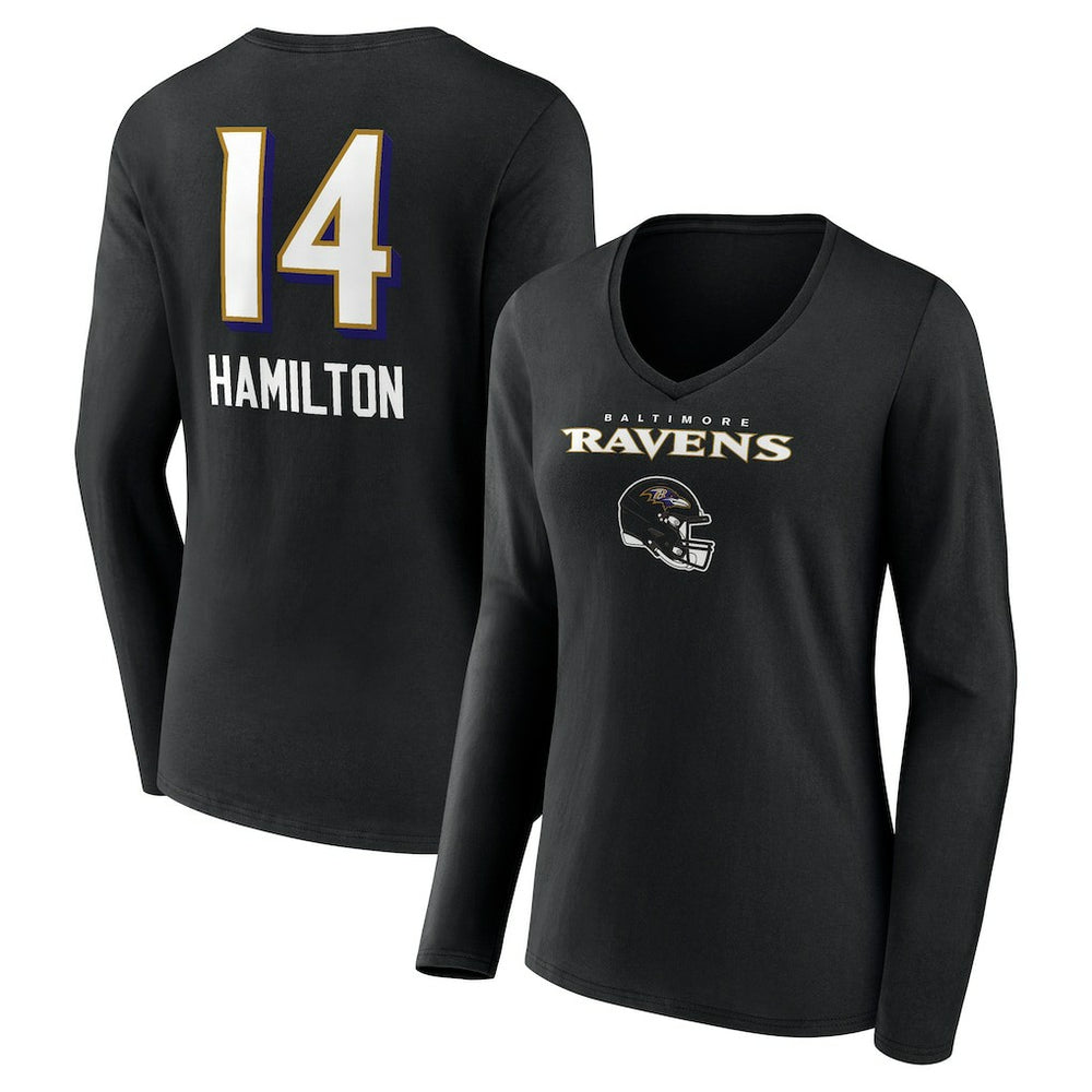 Kyle Hamilton Baltimore Ravens Women's Team Wordmark Player Name & Number Long Sleeve V-Neck T-Shirt - Black T-shirts