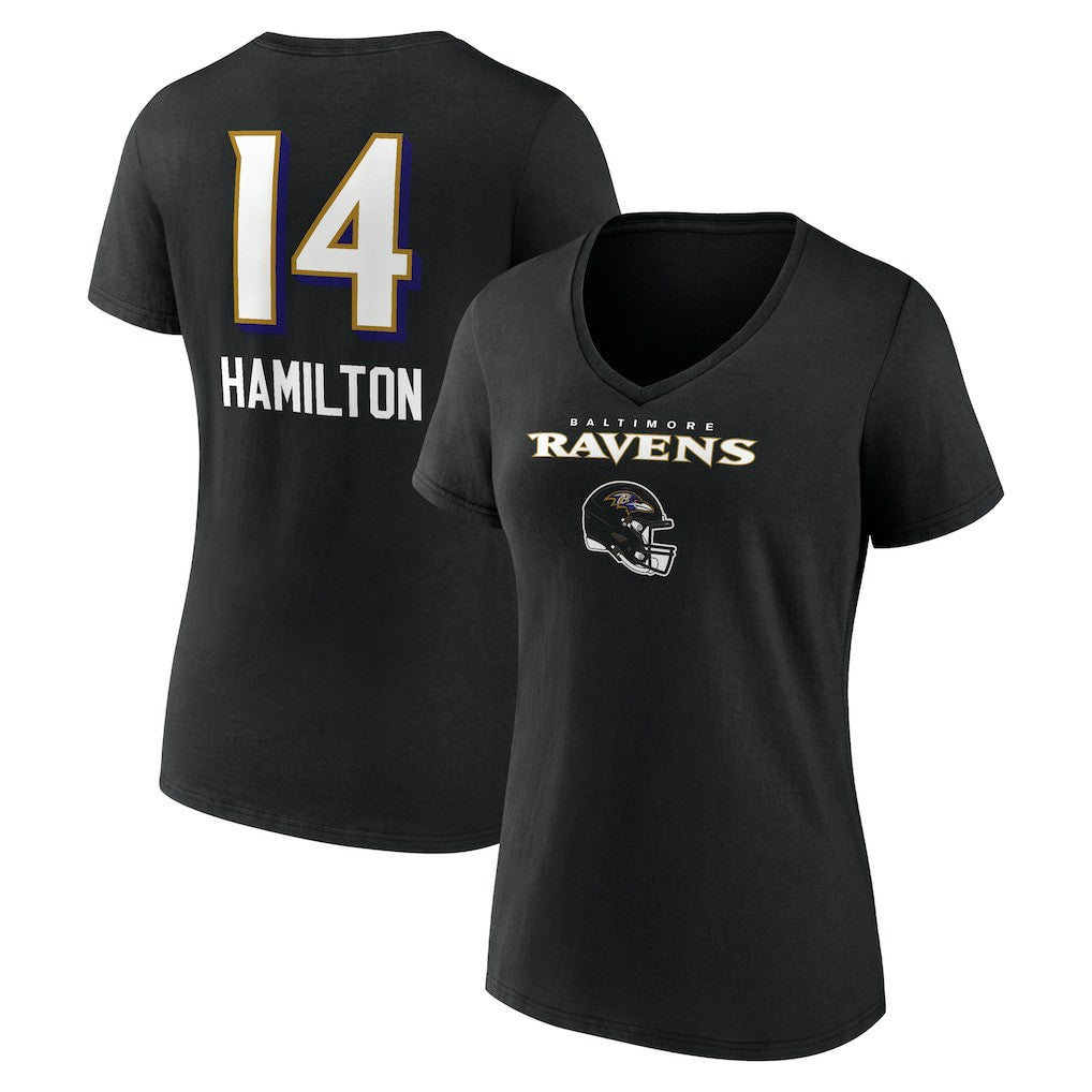 Kyle Hamilton Baltimore Ravens Women's Team Wordmark Player Name & Number V-Neck T-Shirt - Black T-shirts
