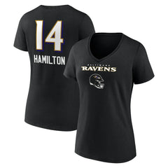 Kyle Hamilton Baltimore Ravens Women's Team Wordmark Player Name & Number V-Neck T-Shirt - Black T-shirts