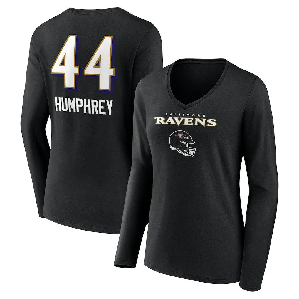 Marlon Humphrey Baltimore Ravens Women's Team Wordmark Player Name & Number Long Sleeve V-Neck T-Shirt - Black T-shirts