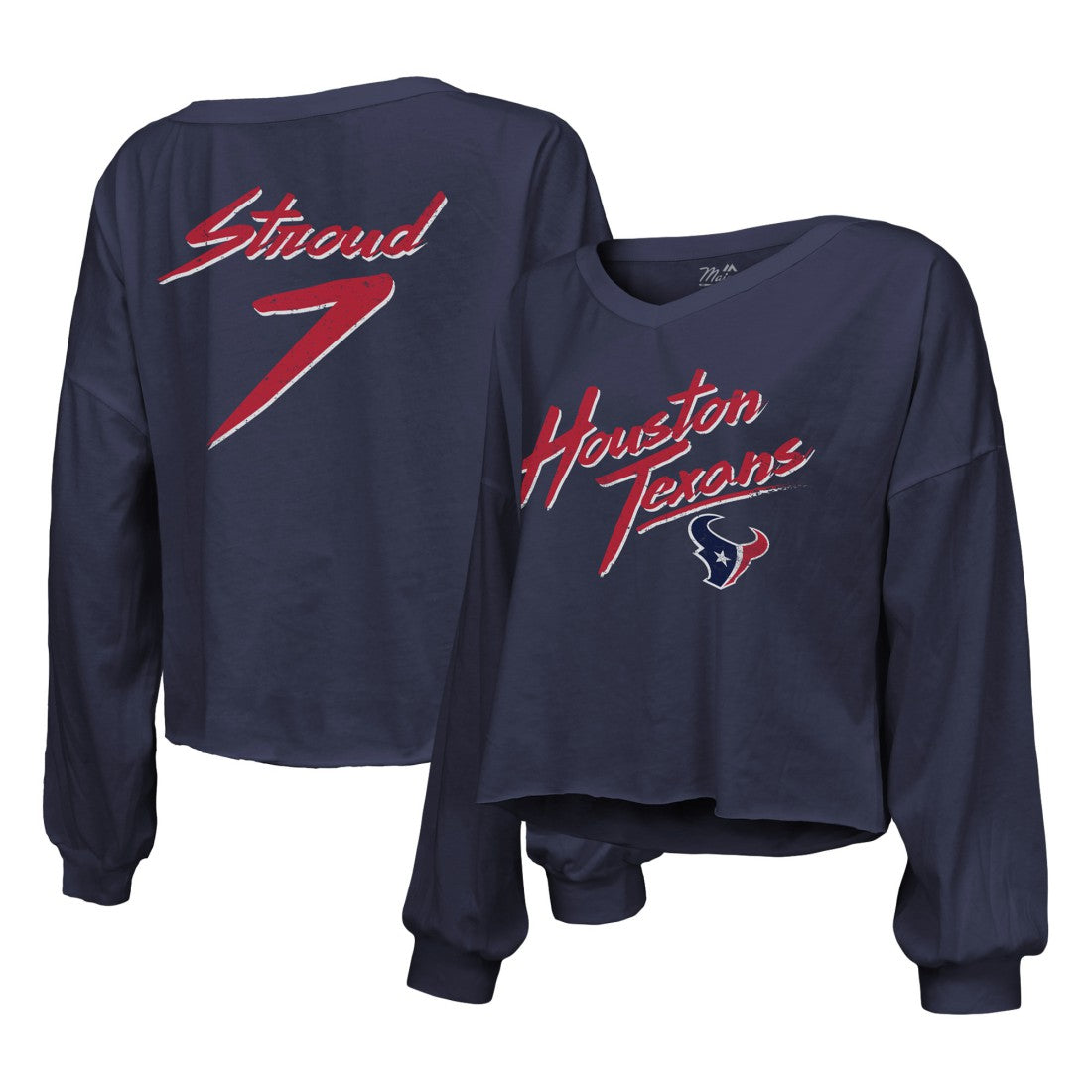 C.J. Stroud Houston Texans Majestic Threads Women's Name & Number Script Off-Shoulder Cropped Long Sleeve T-Shirt - Navy T-shirts