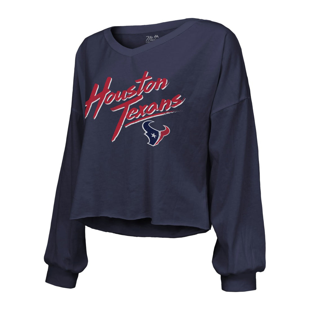 C.J. Stroud Houston Texans Majestic Threads Women's Name & Number Script Off-Shoulder Cropped Long Sleeve T-Shirt - Navy T-shirts