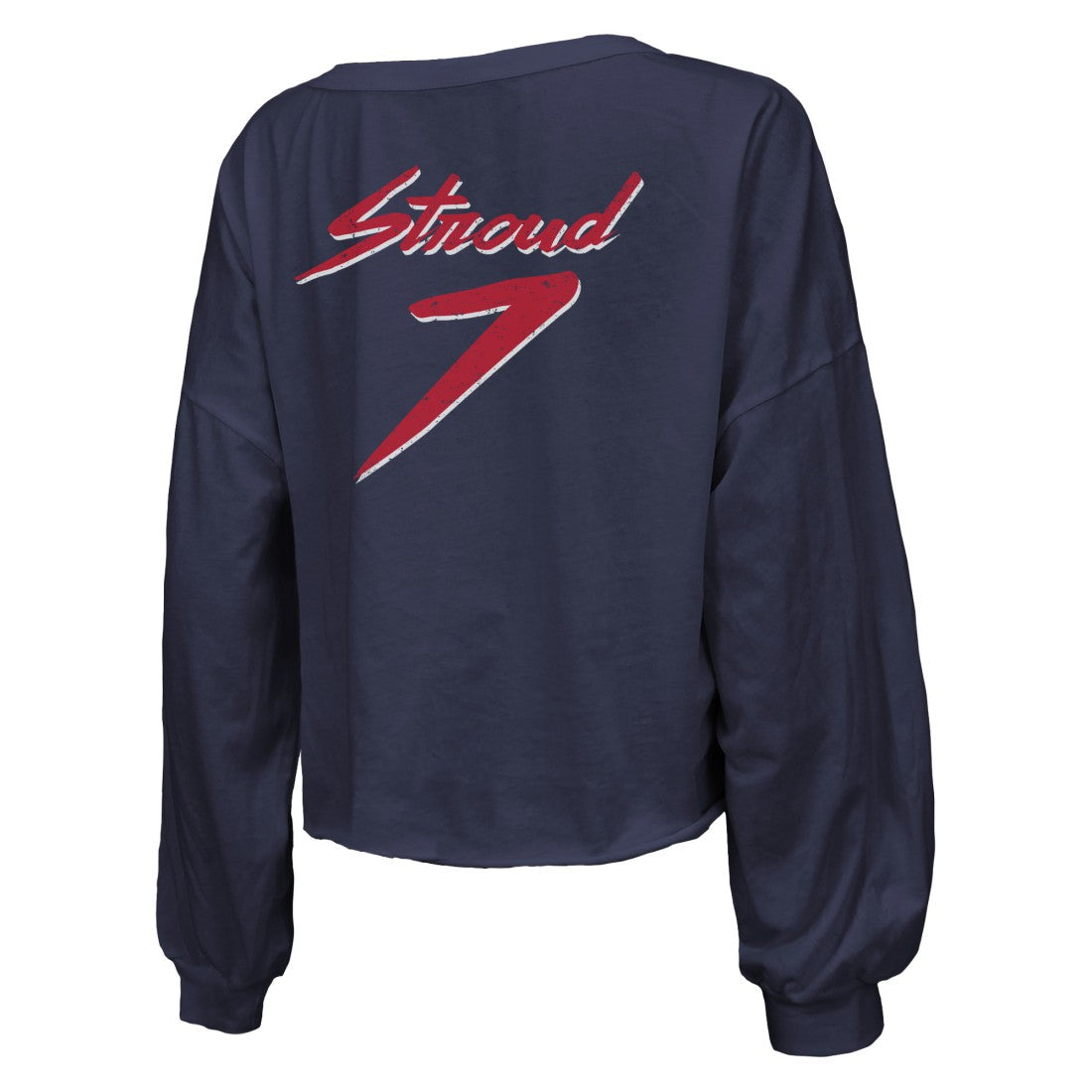 C.J. Stroud Houston Texans Majestic Threads Women's Name & Number Script Off-Shoulder Cropped Long Sleeve T-Shirt - Navy T-shirts