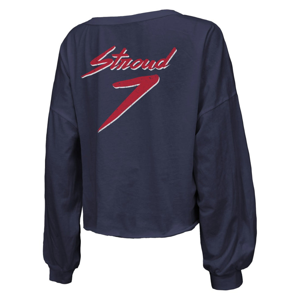C.J. Stroud Houston Texans Majestic Threads Women's Name & Number Script Off-Shoulder Cropped Long Sleeve T-Shirt - Navy T-shirts