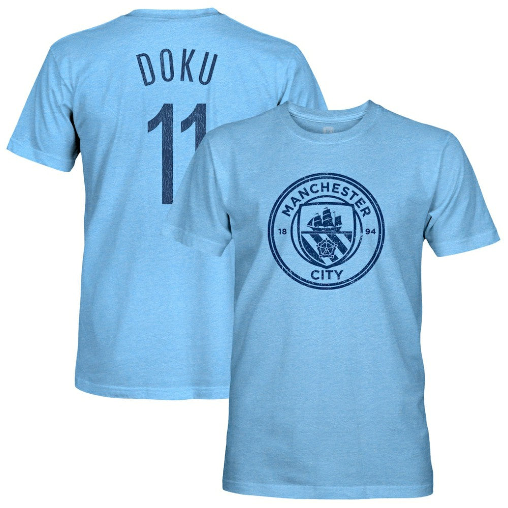 Jeremy Doku Manchester City 1863FC Player Name & Number Twisted Tri-Blend Slub T-Shirt Sky Blue