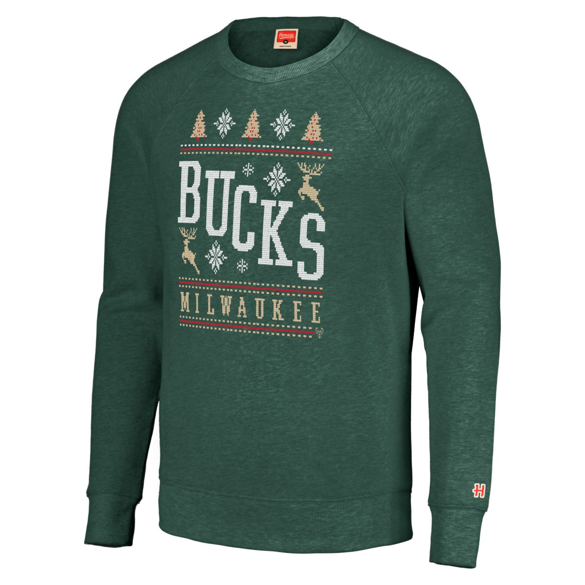 Milwaukee Bucks Homage Unisex Holiday Raglan Pullover Sweatshirt Hunter Green