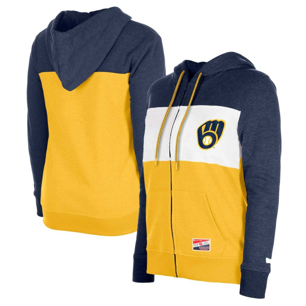 Milwaukee Brewers New Era Women's Color Block Full-Zip Hoodie Jacket - Navy Jackets