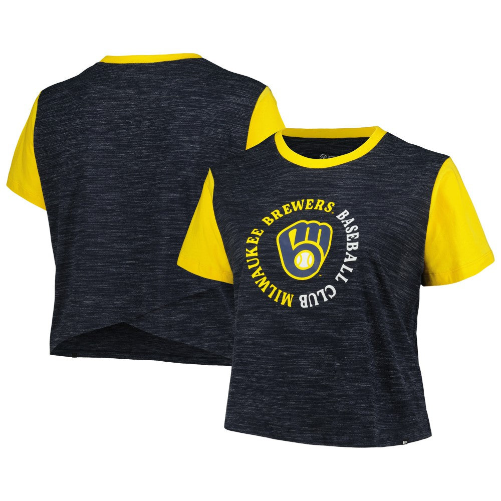 Milwaukee Brewers New Era Women's Plus Size Crossover Back Cropped T-Shirt - Navy T-shirts