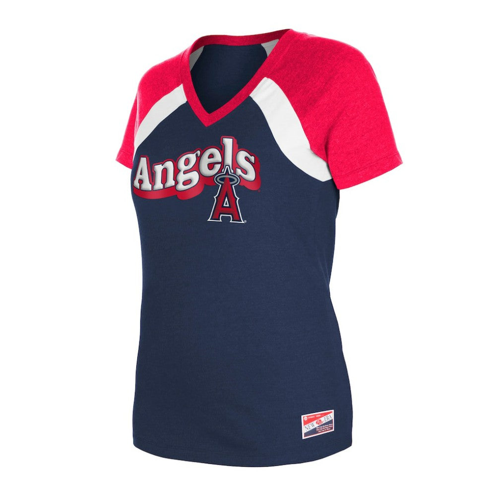 Los Angeles Angels New Era Women's Heathered Raglan V-Neck T-Shirt - Navy T-shirts