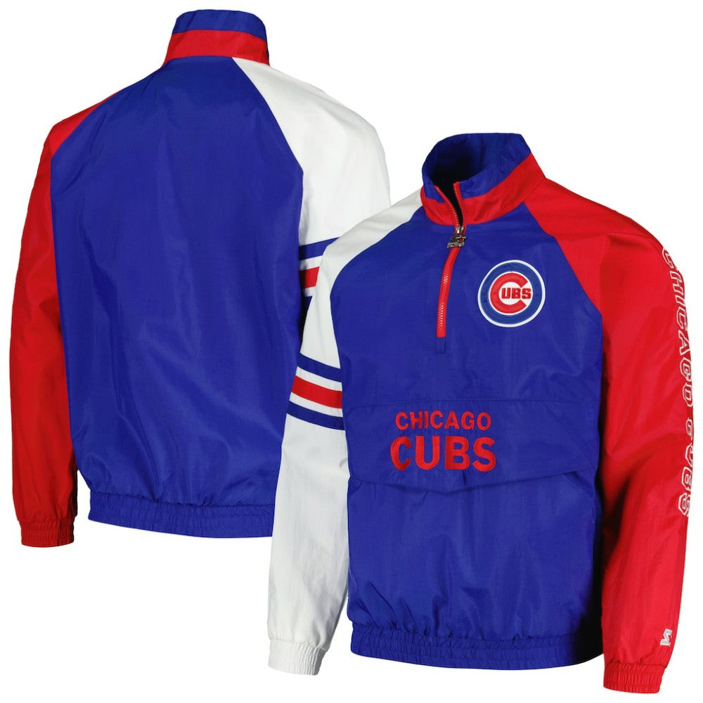 Chicago Cubs Starter Elite Raglan Half-Zip Jacket - Royal/Red Jackets