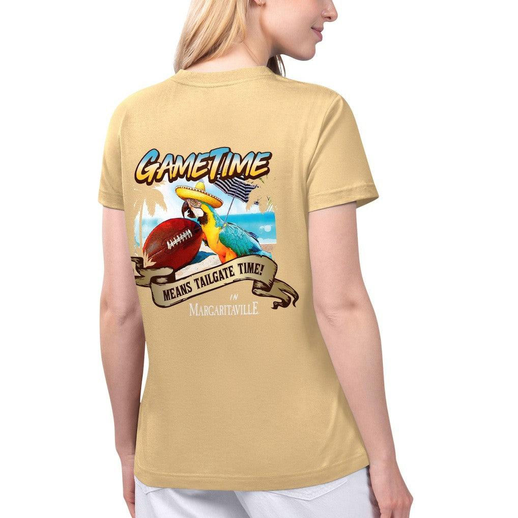 New Orleans Saints Margaritaville Women's Game Time V-Neck T-Shirt - Gold T-shirts