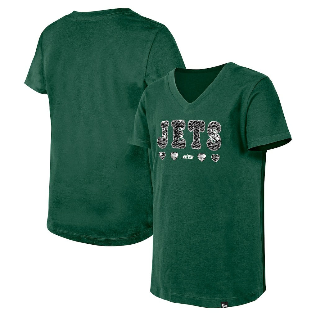 New York Jets New Era Girls Youth Flip Sequin V-Neck T-Shirt - Green T-shirts