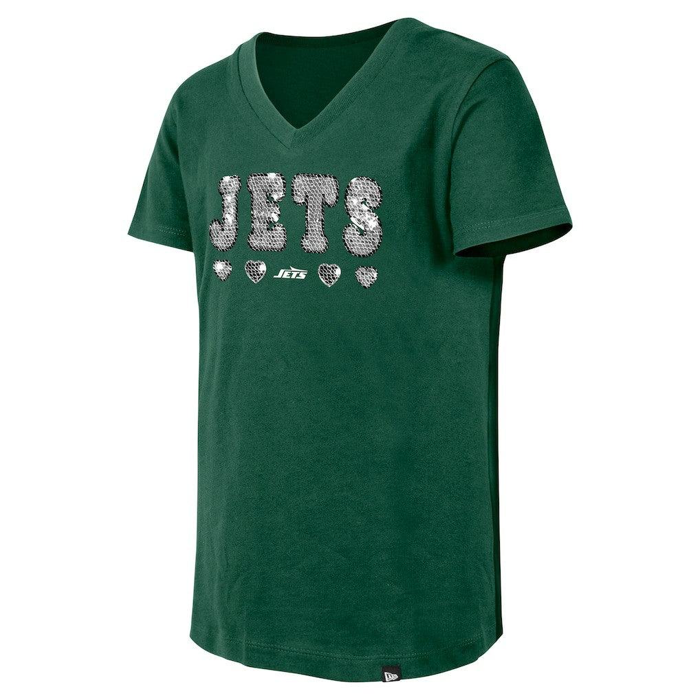 New York Jets New Era Girls Youth Flip Sequin V-Neck T-Shirt - Green T-shirts