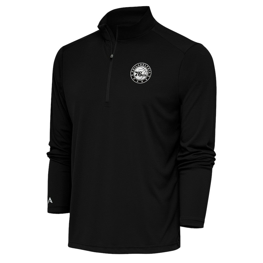 Philadelphia 76ers Antigua Metallic Logo Tribute Quarter-Zip Pullover Black