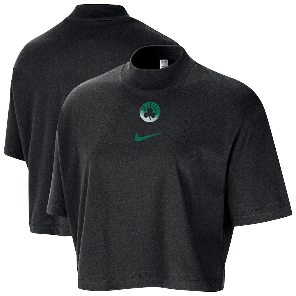 Boston Celtics Women's Courtside Mock Neck Loose Fit Cropped T-Shirt Black - Nike