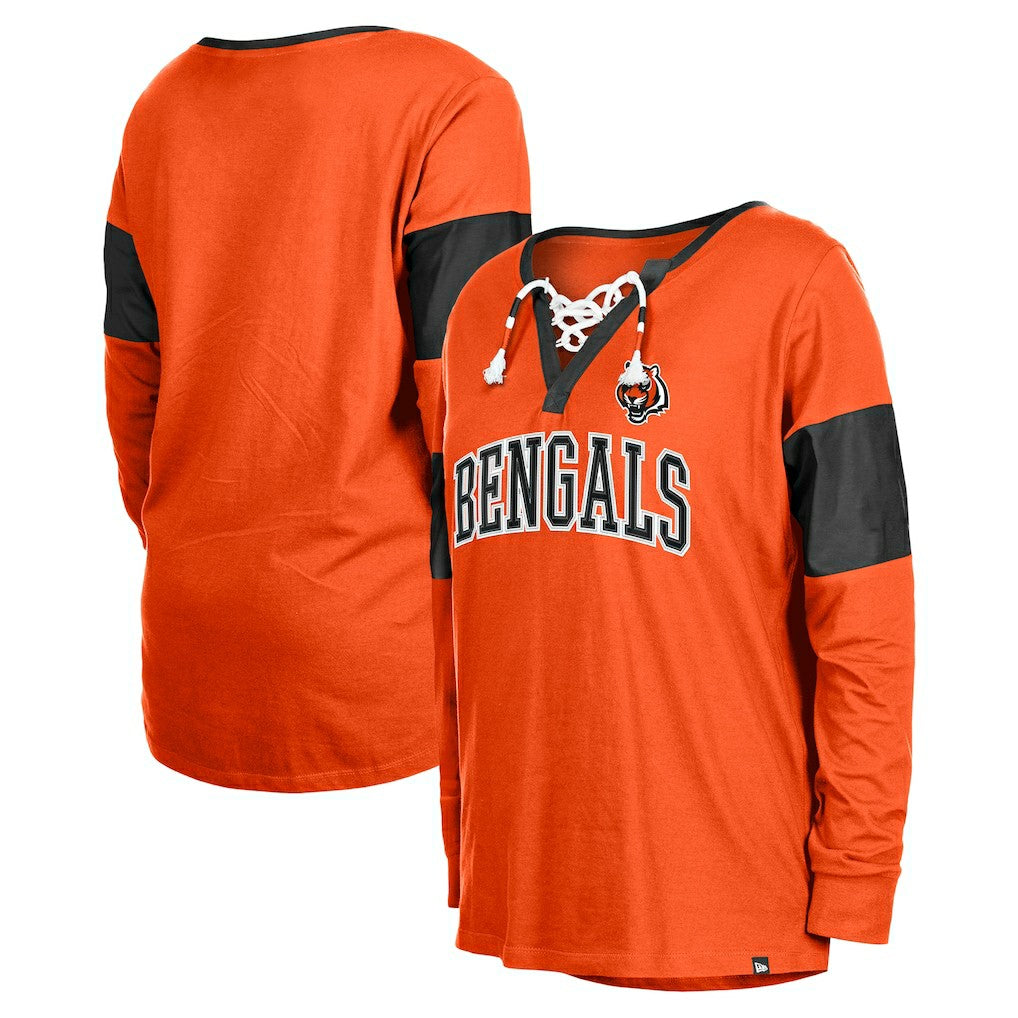 Cincinnati Bengals New Era Women's Lace-Up Notch-Neck Long Sleeve T-Shirt - Orange T-shirts