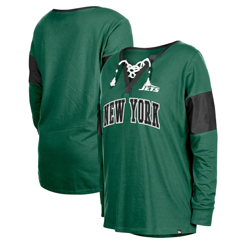 New York Jets New Era Women's Lace-Up Notch-Neck Long Sleeve T-Shirt - Green T-shirts