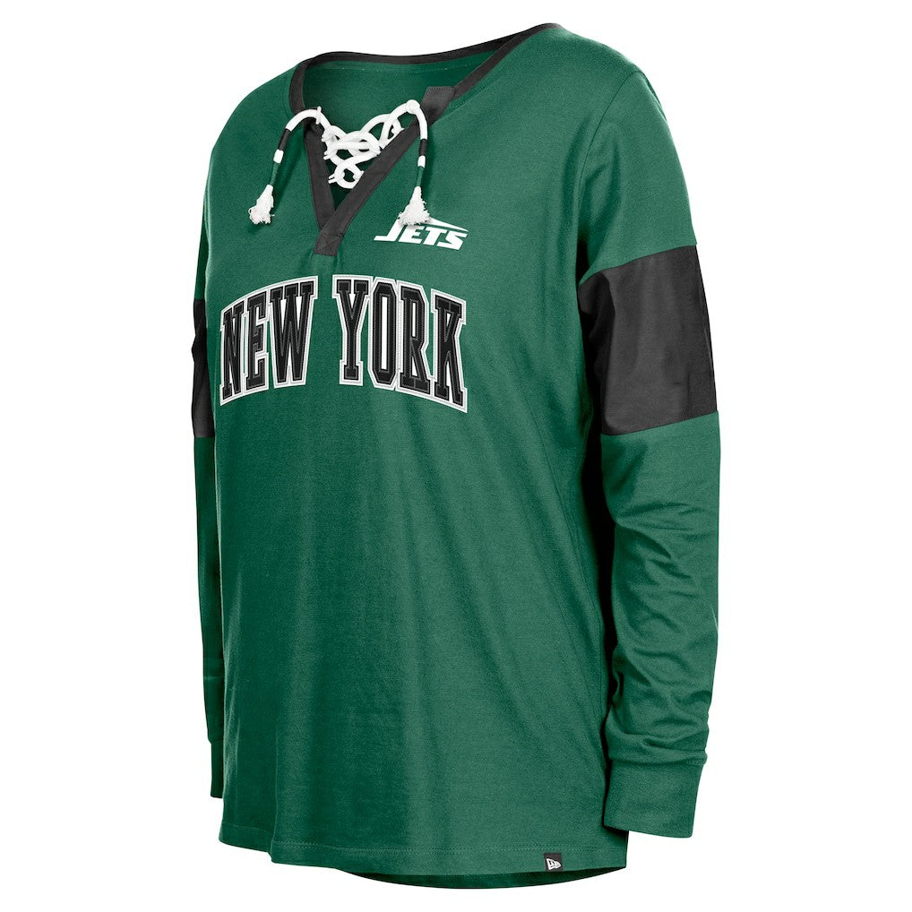 New York Jets New Era Women's Lace-Up Notch-Neck Long Sleeve T-Shirt - Green T-shirts