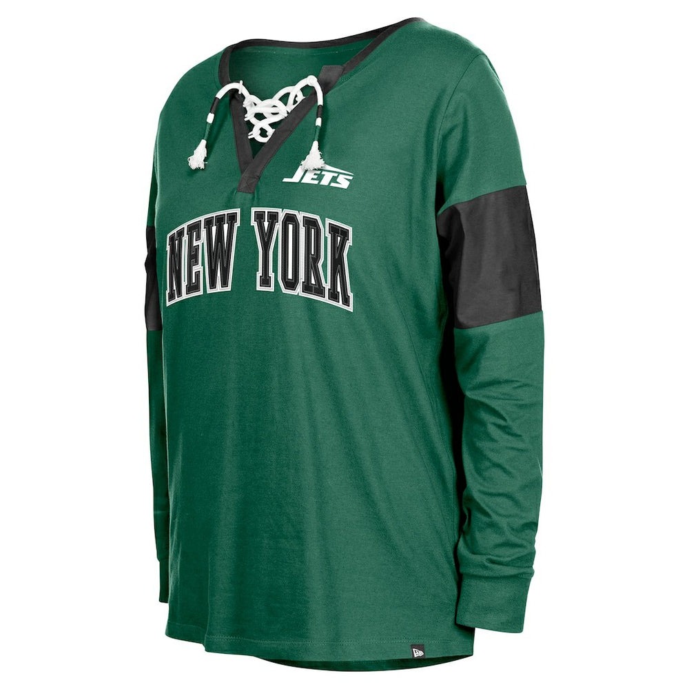 New York Jets New Era Women's Lace-Up Notch-Neck Long Sleeve T-Shirt - Green T-shirts