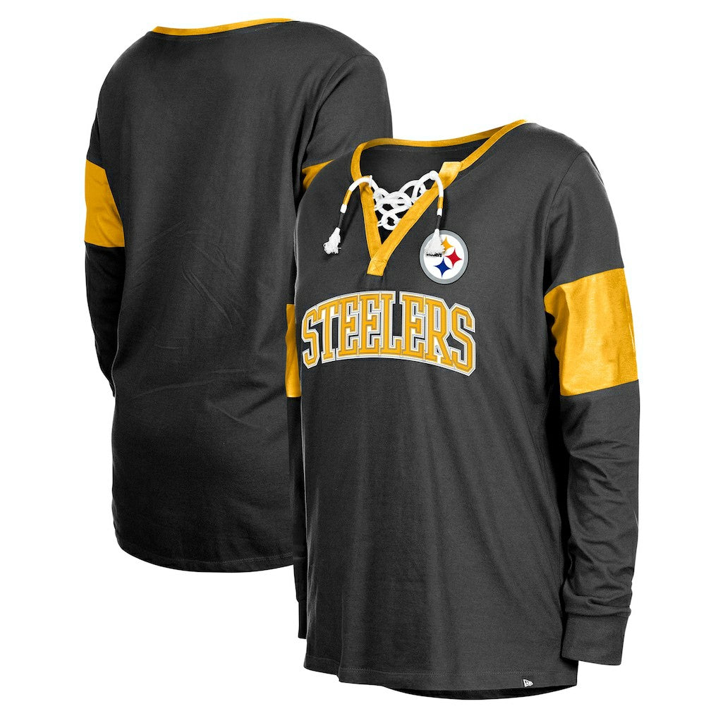 Pittsburgh Steelers New Era Women's Lace-Up Notch-Neck Long Sleeve T-Shirt - Black T-shirts