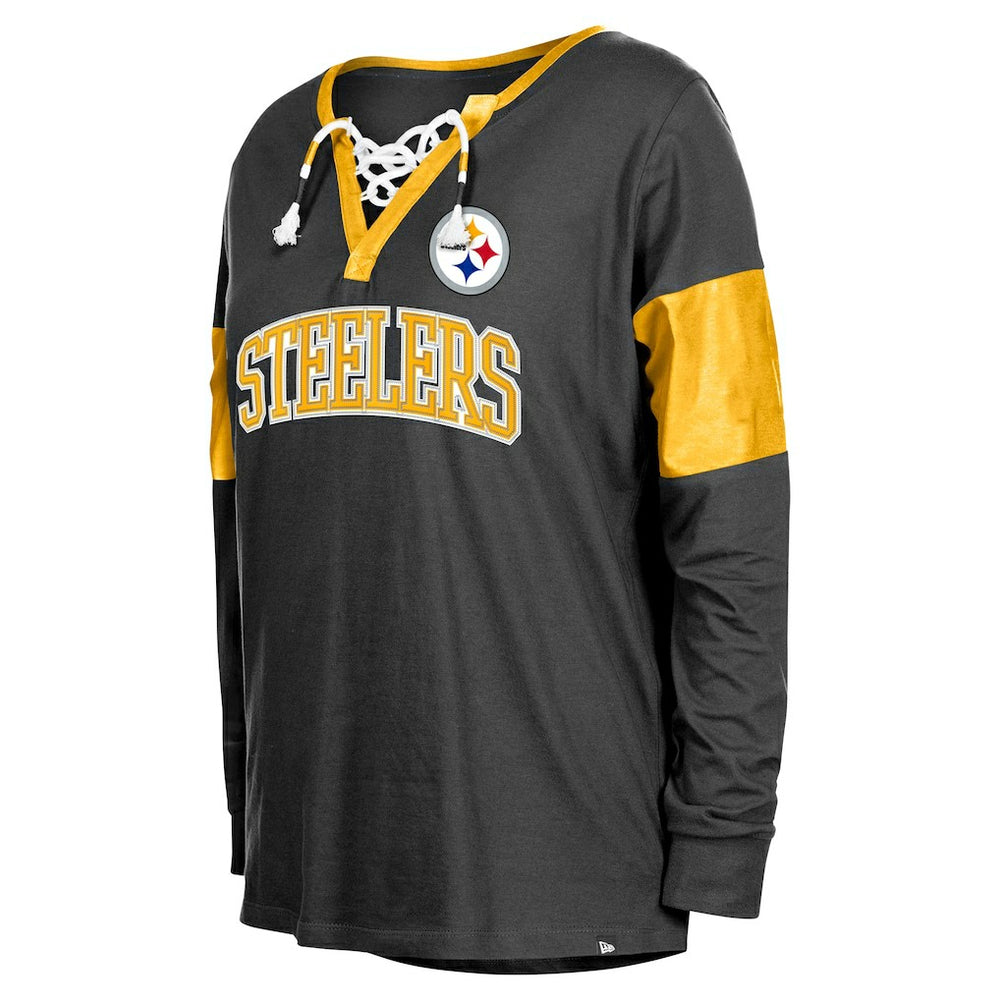 Pittsburgh Steelers New Era Women's Lace-Up Notch-Neck Long Sleeve T-Shirt - Black T-shirts