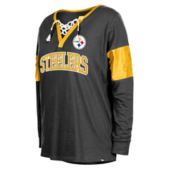 Pittsburgh Steelers New Era Women's Lace-Up Notch-Neck Long Sleeve T-Shirt - Black T-shirts