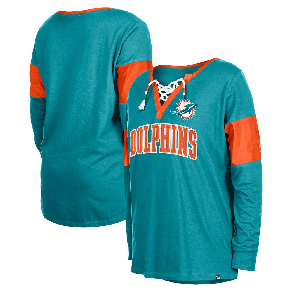 Miami Dolphins New Era Women's Lace-Up Notch-Neck Long Sleeve T-Shirt - Aqua T-shirts