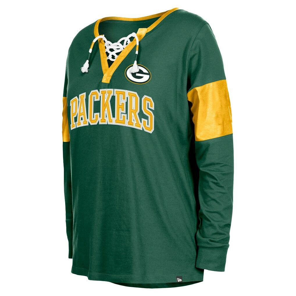 Green Bay Packers New Era Women's Lace-Up Notch-Neck Long Sleeve T-Shirt - Green T-shirts