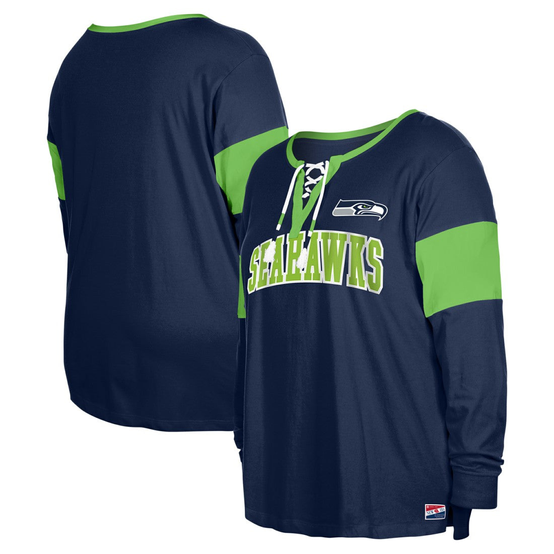 Seattle Seahawks New Era Women's Plus Size Lace-Up Notch Neck Long Sleeve T-Shirt  - College Navy T-shirts