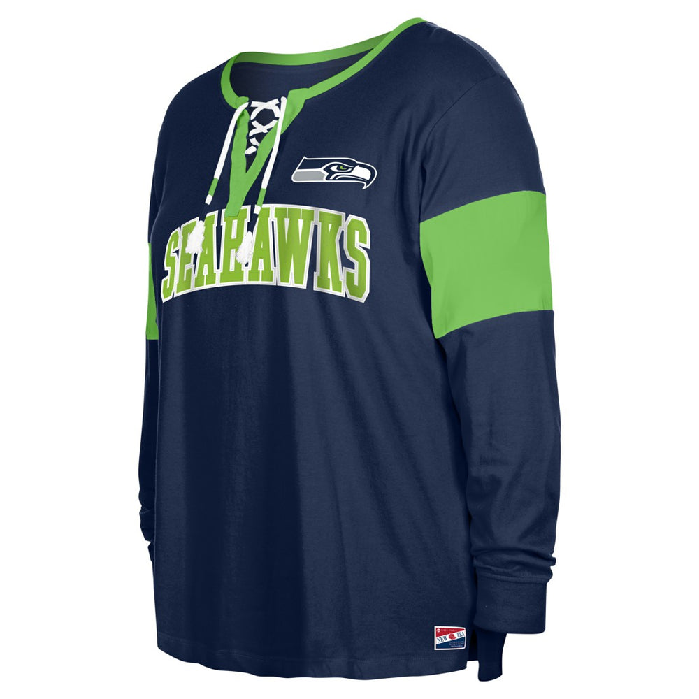Seattle Seahawks New Era Women's Plus Size Lace-Up Notch Neck Long Sleeve T-Shirt  - College Navy T-shirts