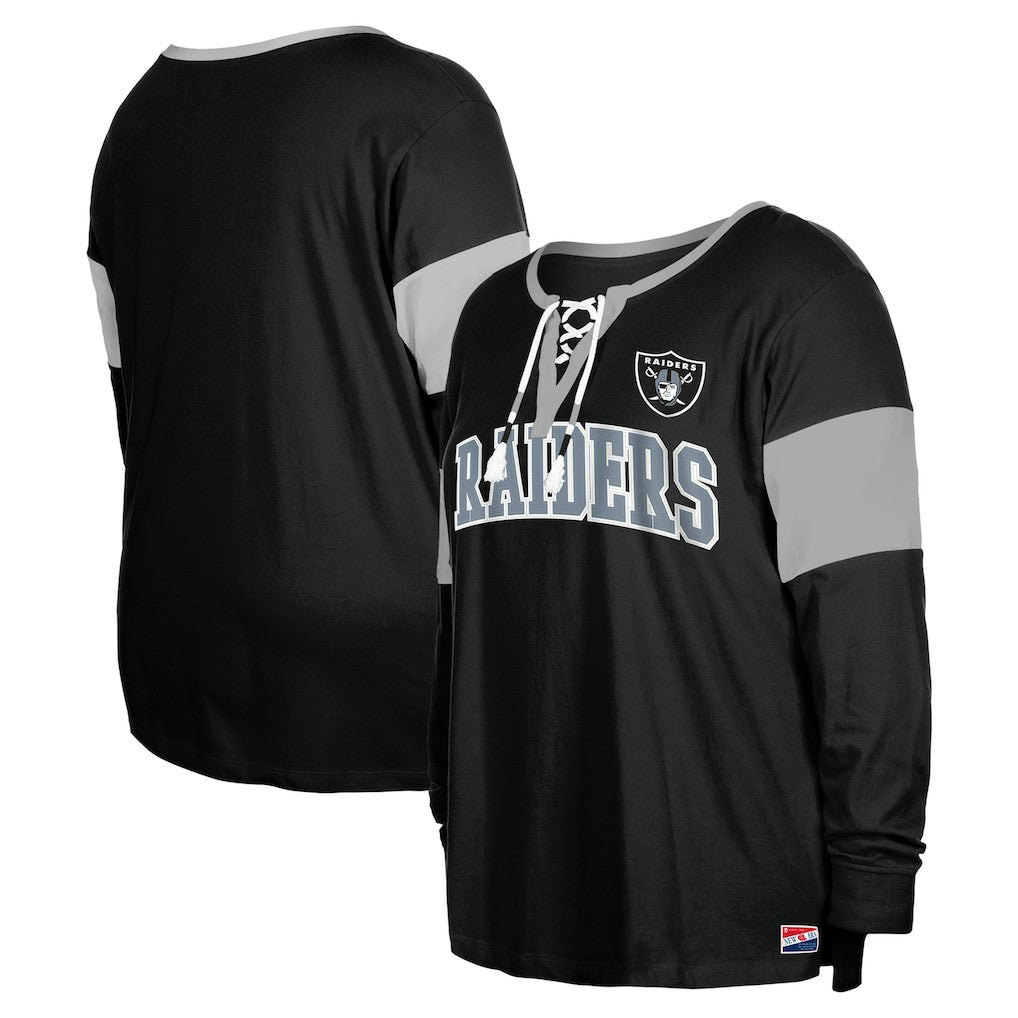 Las Vegas Raiders New Era Women's Plus Size Lace-Up Notch Neck Long Sleeve T-Shirt  - Black T-shirts