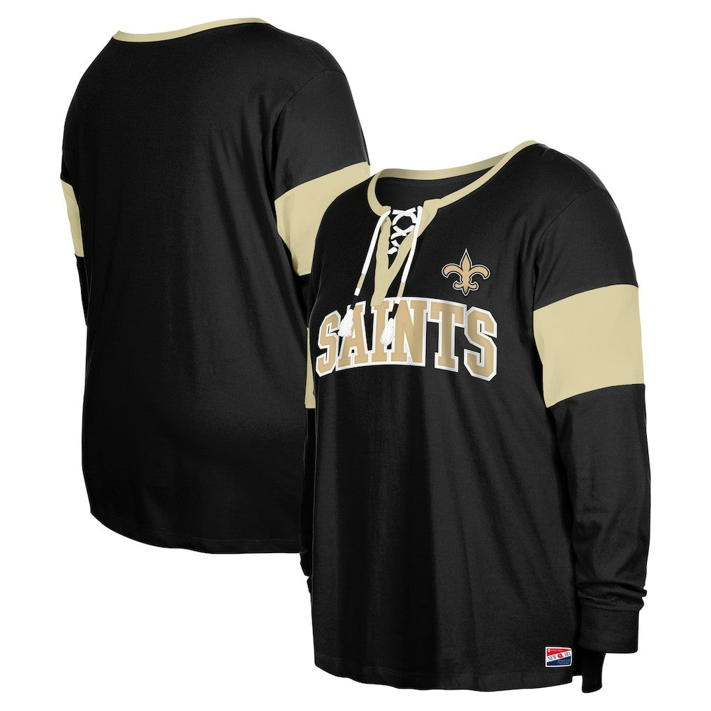 New Orleans Saints New Era Women's Plus Size Lace-Up Notch Neck Long Sleeve T-Shirt  - Black T-shirts