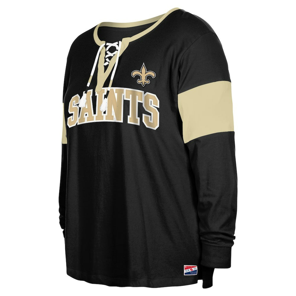 New Orleans Saints New Era Women's Plus Size Lace-Up Notch Neck Long Sleeve T-Shirt  - Black T-shirts