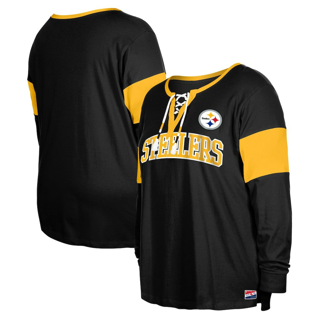 Pittsburgh Steelers New Era Women's Plus Size Lace-Up Notch Neck Long Sleeve T-Shirt  - Black T-shirts
