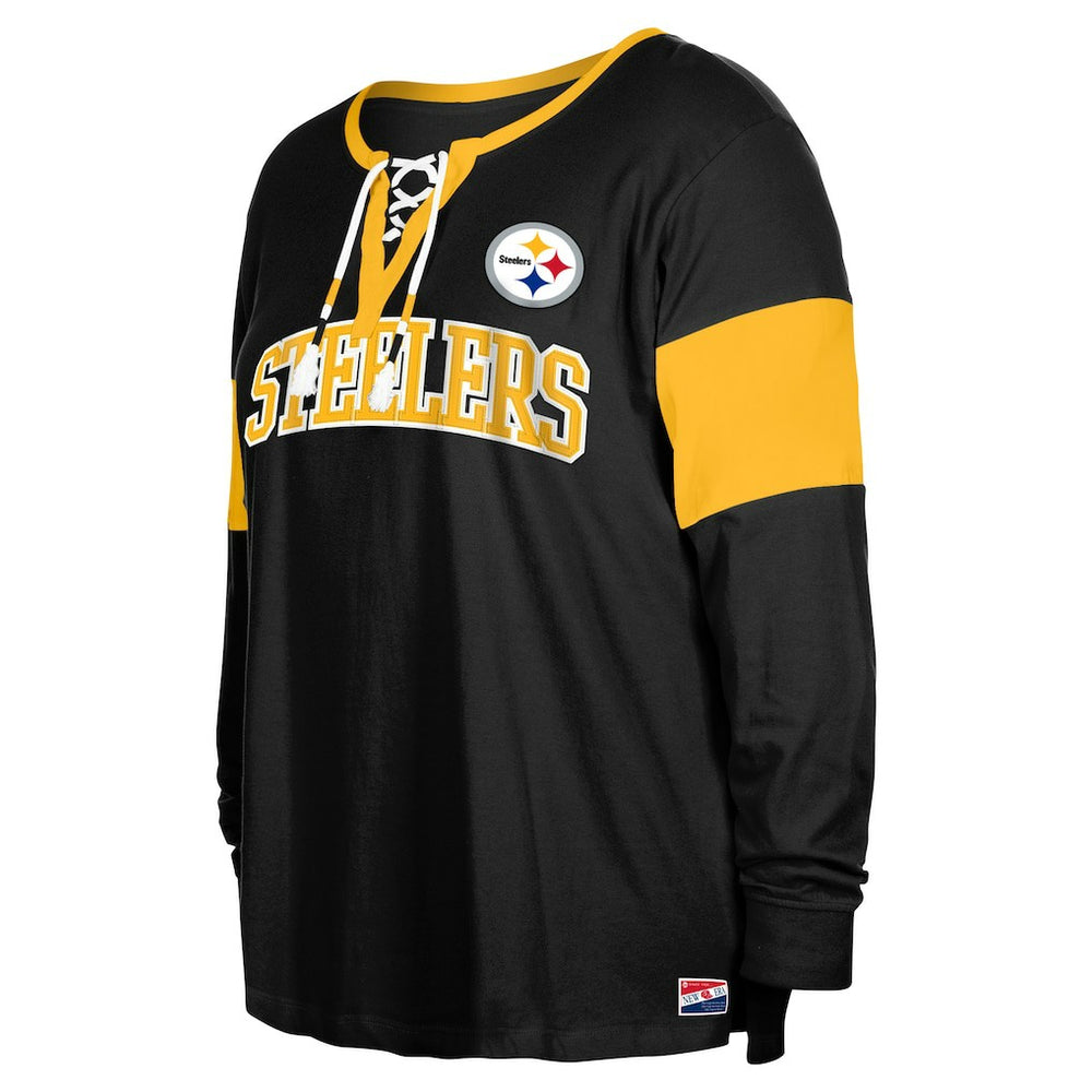 Pittsburgh Steelers New Era Women's Plus Size Lace-Up Notch Neck Long Sleeve T-Shirt  - Black T-shirts