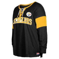 Pittsburgh Steelers New Era Women's Plus Size Lace-Up Notch Neck Long Sleeve T-Shirt  - Black T-shirts