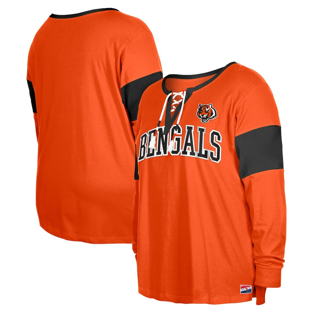 Cincinnati Bengals New Era Women's Plus Size Lace-Up Notch Neck Long Sleeve T-Shirt  - Orange T-shirts