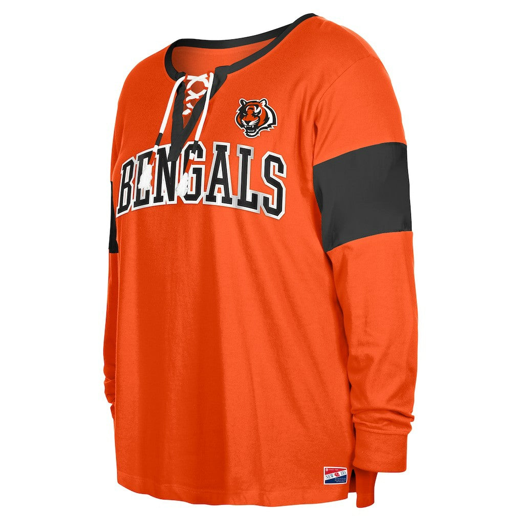 Cincinnati Bengals New Era Women's Plus Size Lace-Up Notch Neck Long Sleeve T-Shirt  - Orange T-shirts