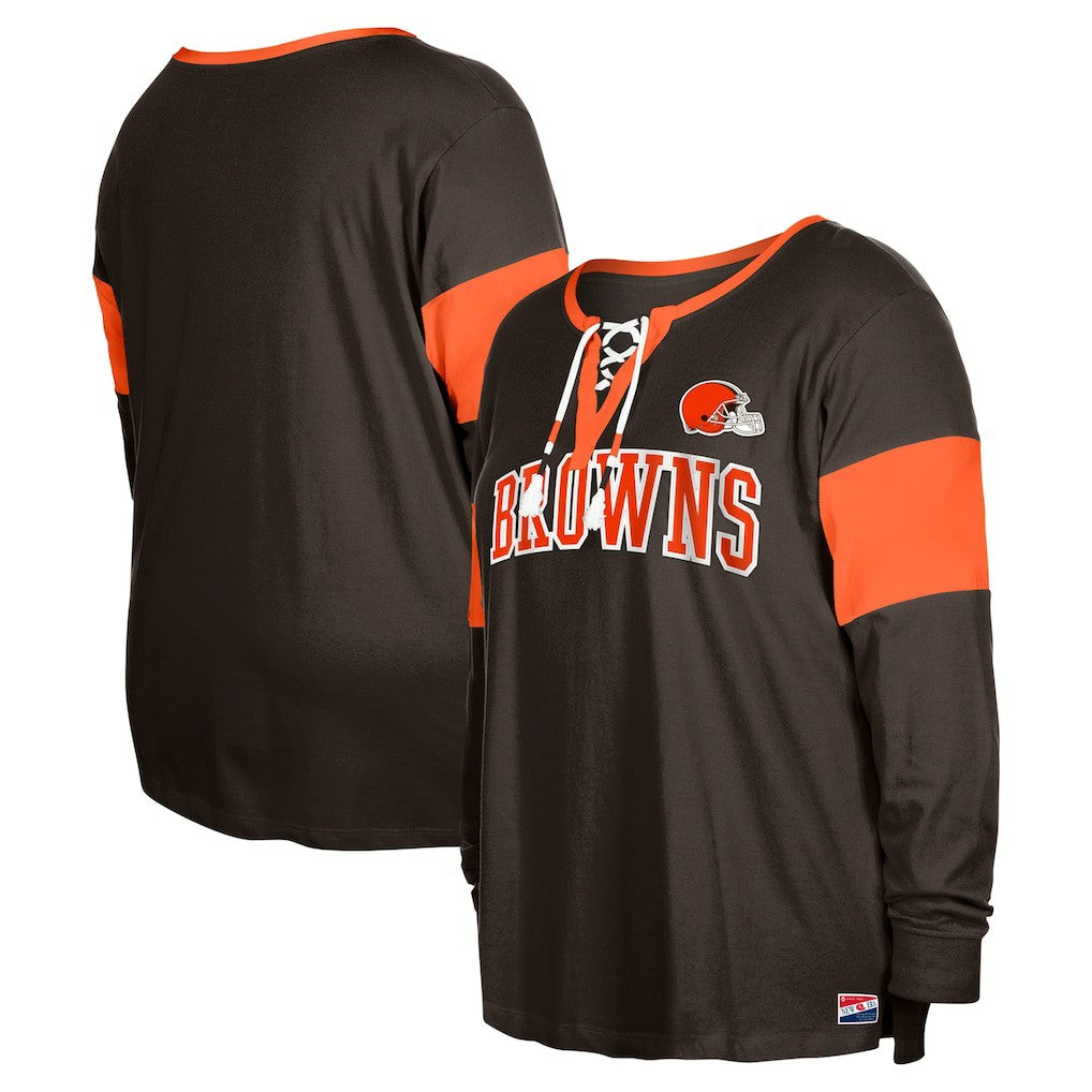 Cleveland Browns New Era Women's Plus Size Lace-Up Notch Neck Long Sleeve T-Shirt  - Brown T-shirts