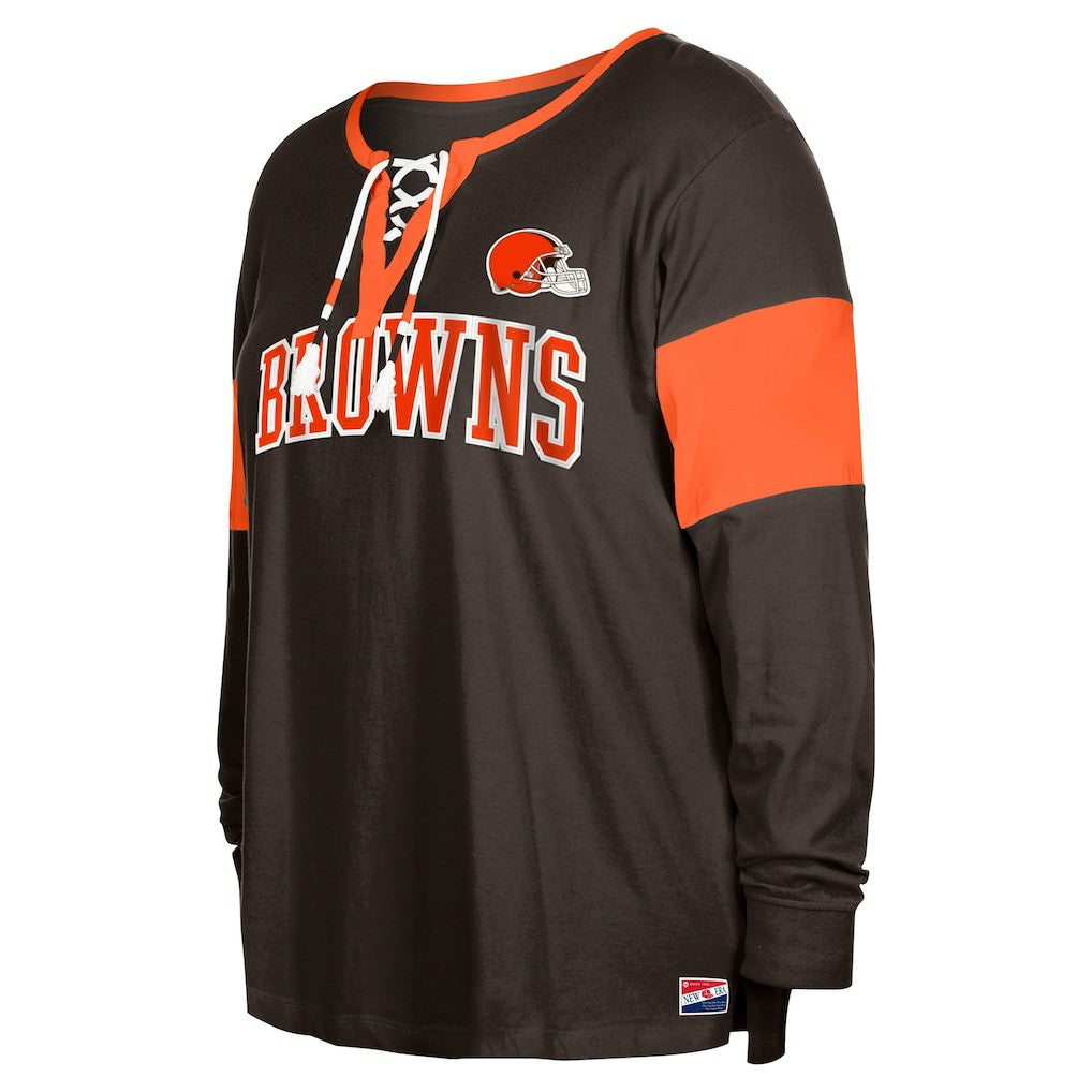 Cleveland Browns New Era Women's Plus Size Lace-Up Notch Neck Long Sleeve T-Shirt  - Brown T-shirts