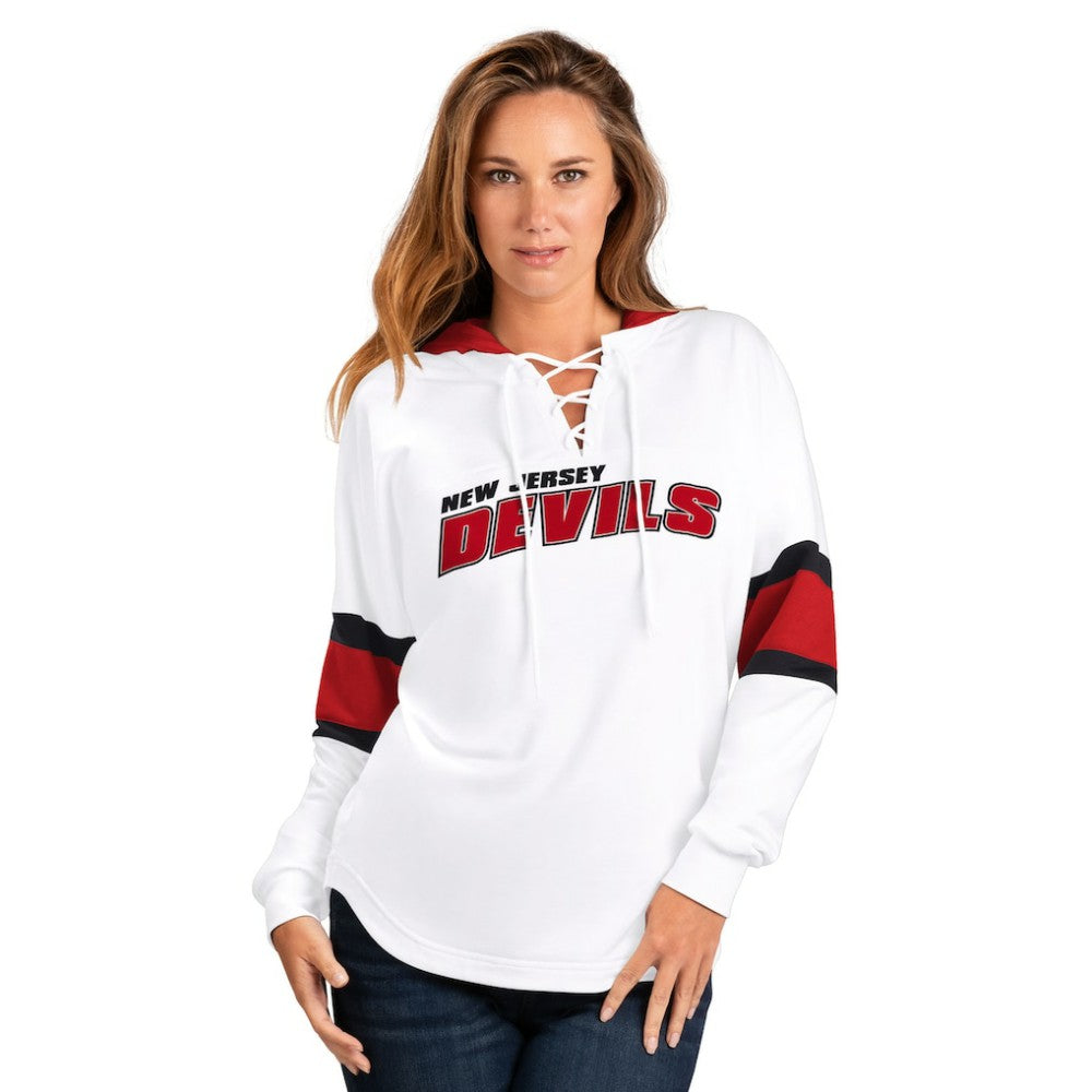 New Jersey Devils G-III 4Her by Carl Banks Women's Goal Zone Long Sleeve Lace-Up Hoodie T-Shirt - White/Red | US 201038239