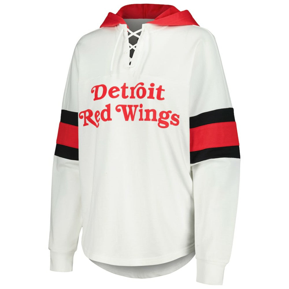 Detroit Red Wings G-III 4Her by Carl Banks Women's Goal Zone Long Sleeve Lace-Up Hoodie T-Shirt - White/Red | US 201038240