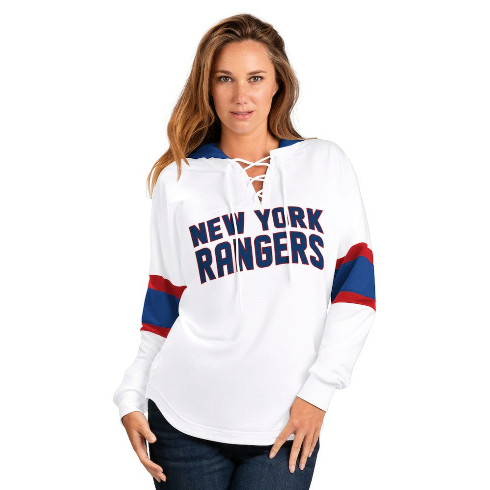 New York Rangers G-III 4Her by Carl Banks Women's Goal Zone Long Sleeve Lace-Up Hoodie T-Shirt - White/Blue | US 201038243
