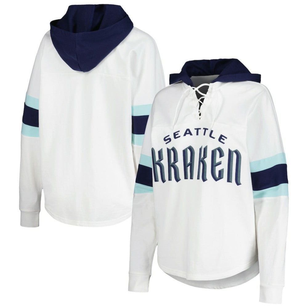 Seattle Kraken G-III 4Her by Carl Banks Women's Goal Zone Long Sleeve Lace-Up Hoodie T-Shirt - White/Deep Sea Blue | US 201038245