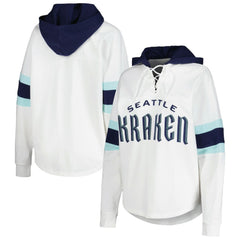 Seattle Kraken G-III 4Her by Carl Banks Women's Goal Zone Long Sleeve Lace-Up Hoodie T-Shirt - White/Deep Sea Blue | US 201038245