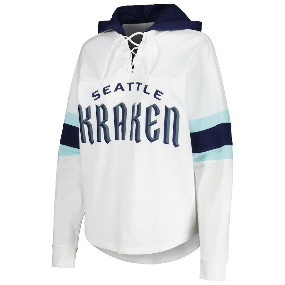 Seattle Kraken G-III 4Her by Carl Banks Women's Goal Zone Long Sleeve Lace-Up Hoodie T-Shirt - White/Deep Sea Blue | US 201038245
