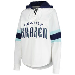 Seattle Kraken G-III 4Her by Carl Banks Women's Goal Zone Long Sleeve Lace-Up Hoodie T-Shirt - White/Deep Sea Blue | US 201038245