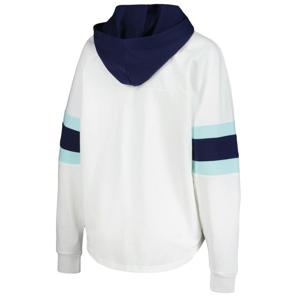 Seattle Kraken G-III 4Her by Carl Banks Women's Goal Zone Long Sleeve Lace-Up Hoodie T-Shirt - White/Deep Sea Blue | US 201038245