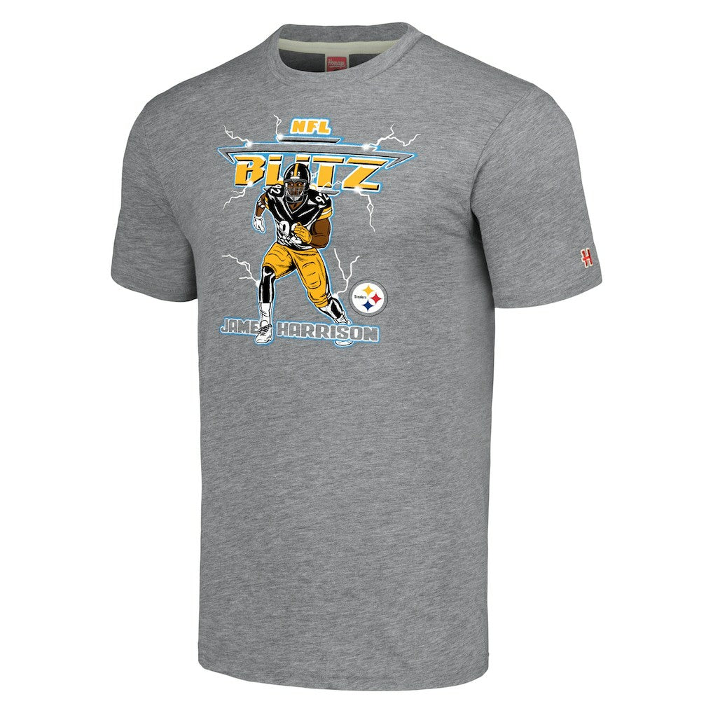 James Harrison Pittsburgh Steelers Homage Unisex NFL Blitz Retired Player Tri-Blend T-Shirt - Heathered Heather Gray T-shirts